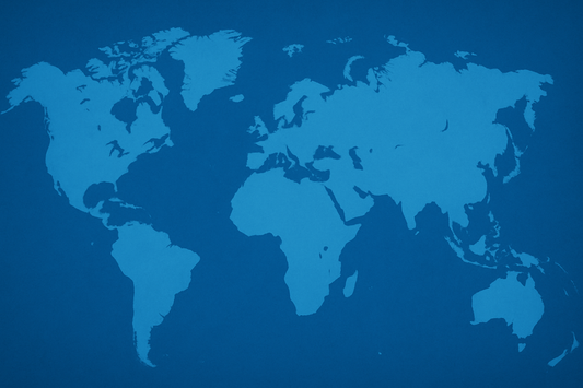 Blue digital illustration of a world map highlighting global business opportunities and world businesses for sale.