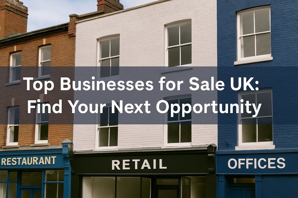 Row of UK businesses with signs for restaurant, retail, and offices, featuring text overlay promoting top businesses for sale UK.