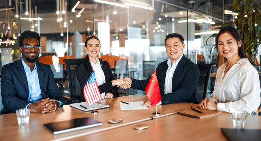 Group of diverse business professionals collaborating in a global business marketplace setting