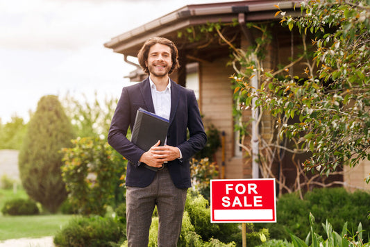 Happy real estate agent standing in front of a property, representing global businesses for sale by owner