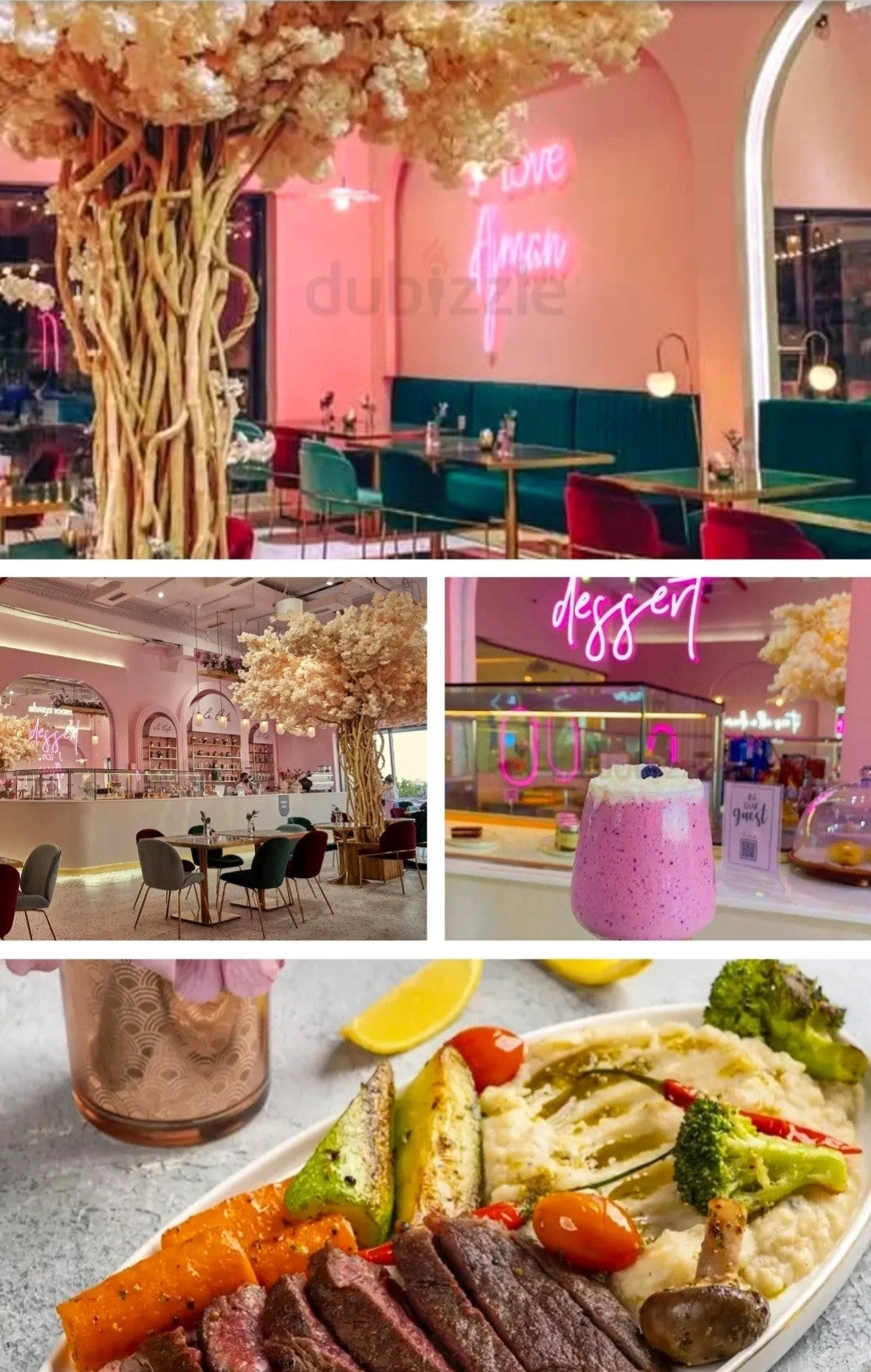 A four-panel collage showcasing a vibrant pink-themed restaurant interior, a dessert drink with a pink neon sign, and a plated steak meal with roasted vegetables.