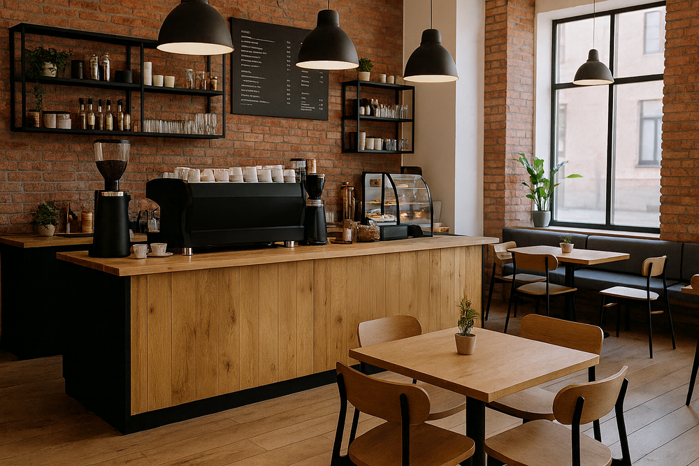Coffee shop interior with tables, chairs, and a counter with text overlay 'Coffee Shop for Sale'.
