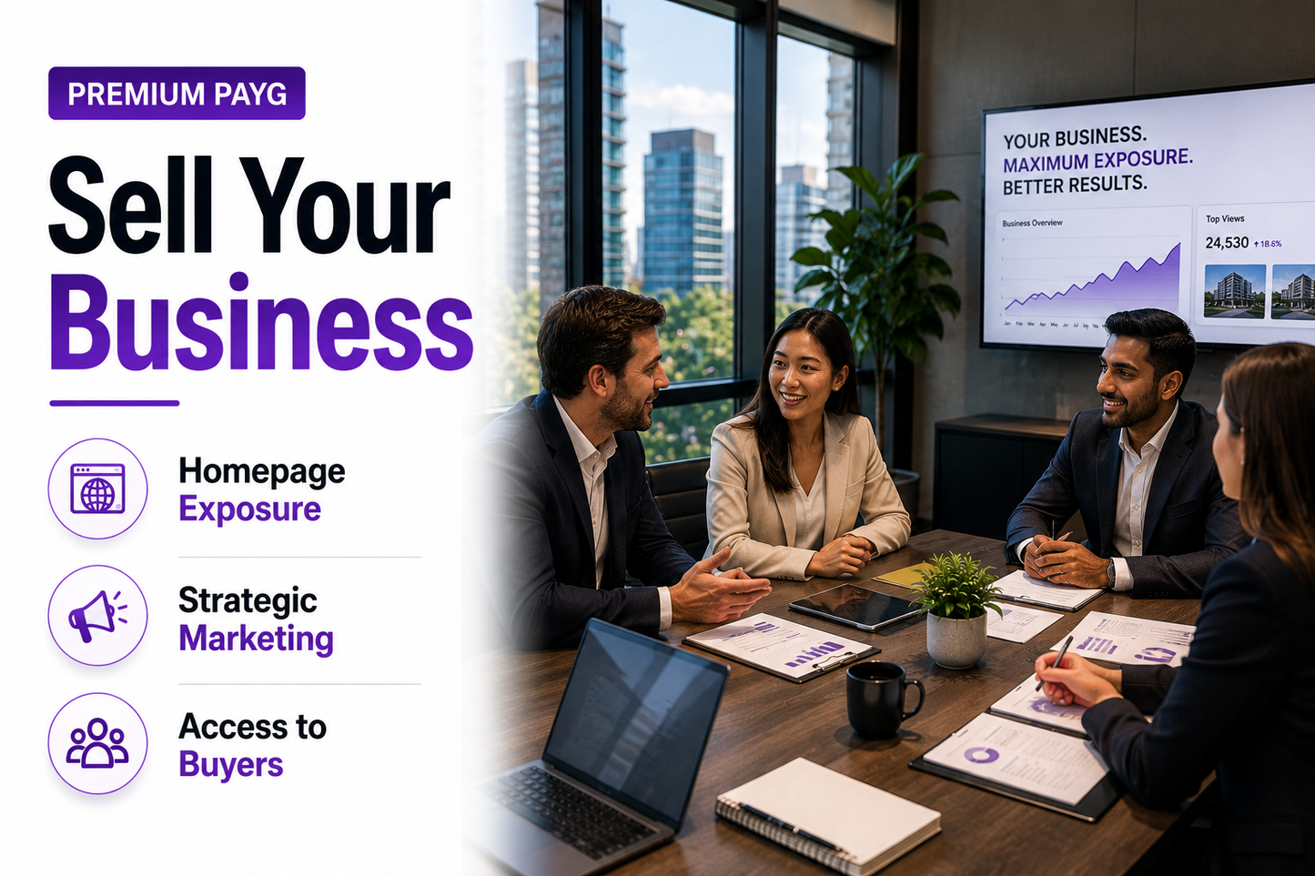 Premium PAYG business selling plan banner with homepage exposure and executive boardroom meeting