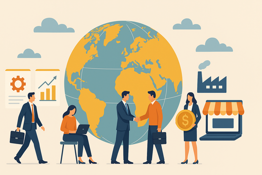 A diverse group of business professionals from around the world collaborate around a large globe, symbolizing international trade and global business connections.