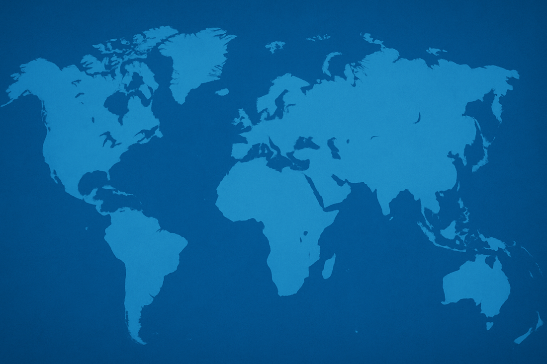 Blue digital illustration of a world map highlighting global business opportunities and world businesses for sale.