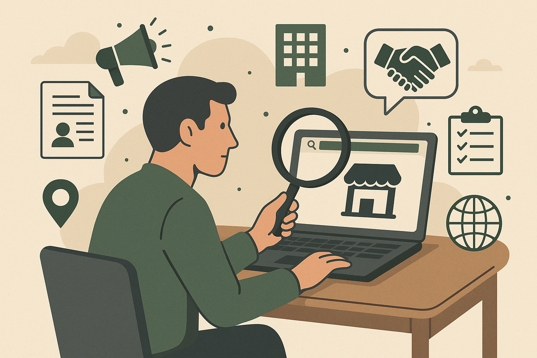 Illustration of a man sitting at a desk using a laptop, holding a magnifying glass to search for businesses, surrounded by icons of buildings, handshake, checklist, and megaphone.