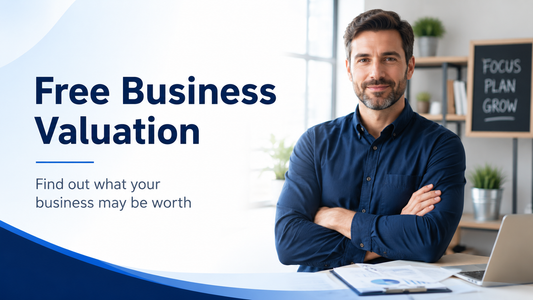 Free business valuation banner showing a business owner reviewing financial information to find out what their business may be worth