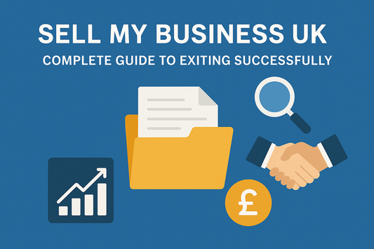Sell my business UK guide illustration with folder, handshake, pound symbol, magnifying glass, and growth chart icons on a blue background.