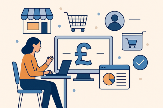 Illustration of a woman working on a laptop with e-commerce icons, shopping cart, storefront, pound sterling symbol, and analytics chart representing online business in the UK