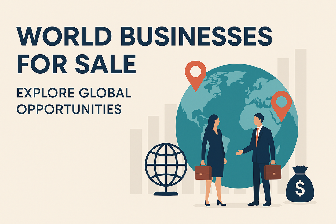 Global business opportunities illustration with business professionals shaking hands, world map, location markers, and finance icons promoting world businesses for sale.