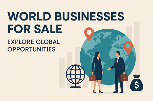 Global business opportunities illustration with business professionals shaking hands, world map, location markers, and finance icons promoting world businesses for sale.