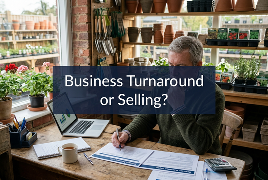 Garden shop owner reviewing planning documents beside a laptop and calculator, with the title ‘Business Turnaround or Selling?’