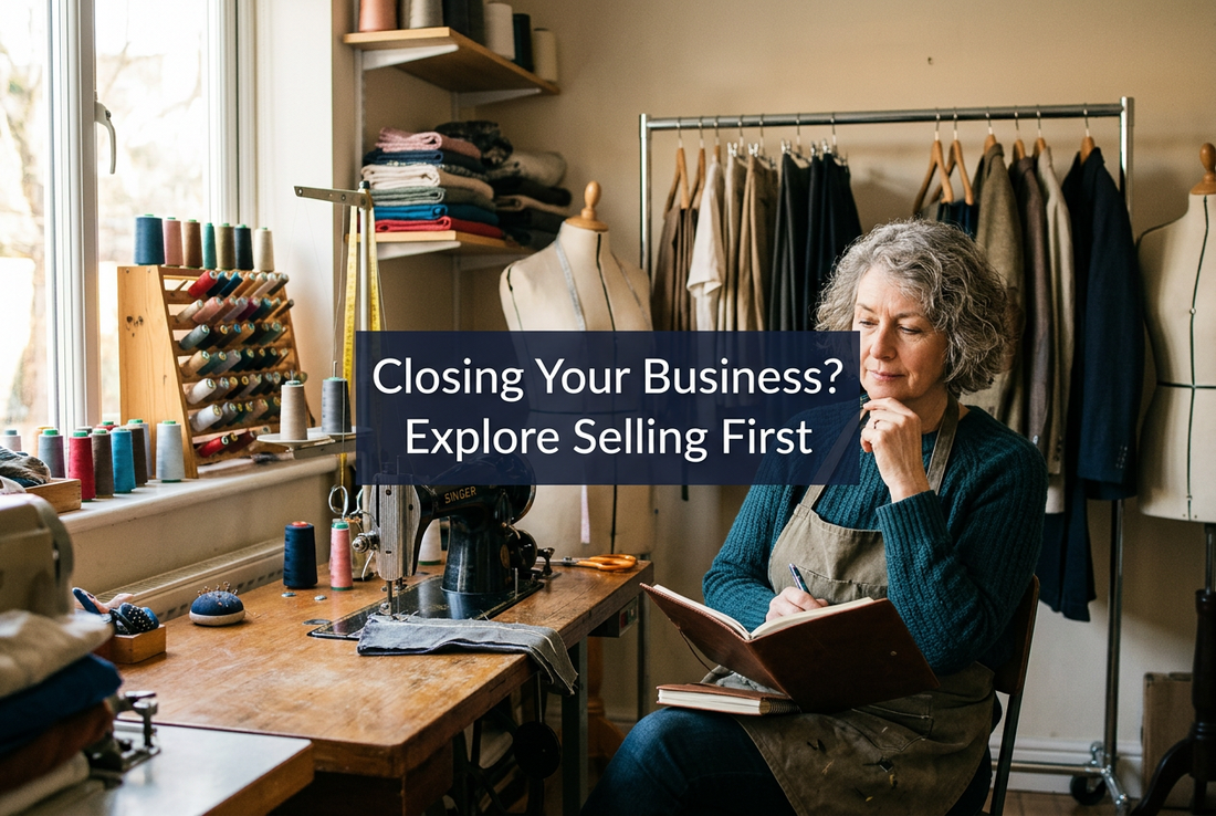 Alterations shop owner reviewing a notebook beside a sewing machine, with the title ‘Closing Your Business? Explore Selling First’.
