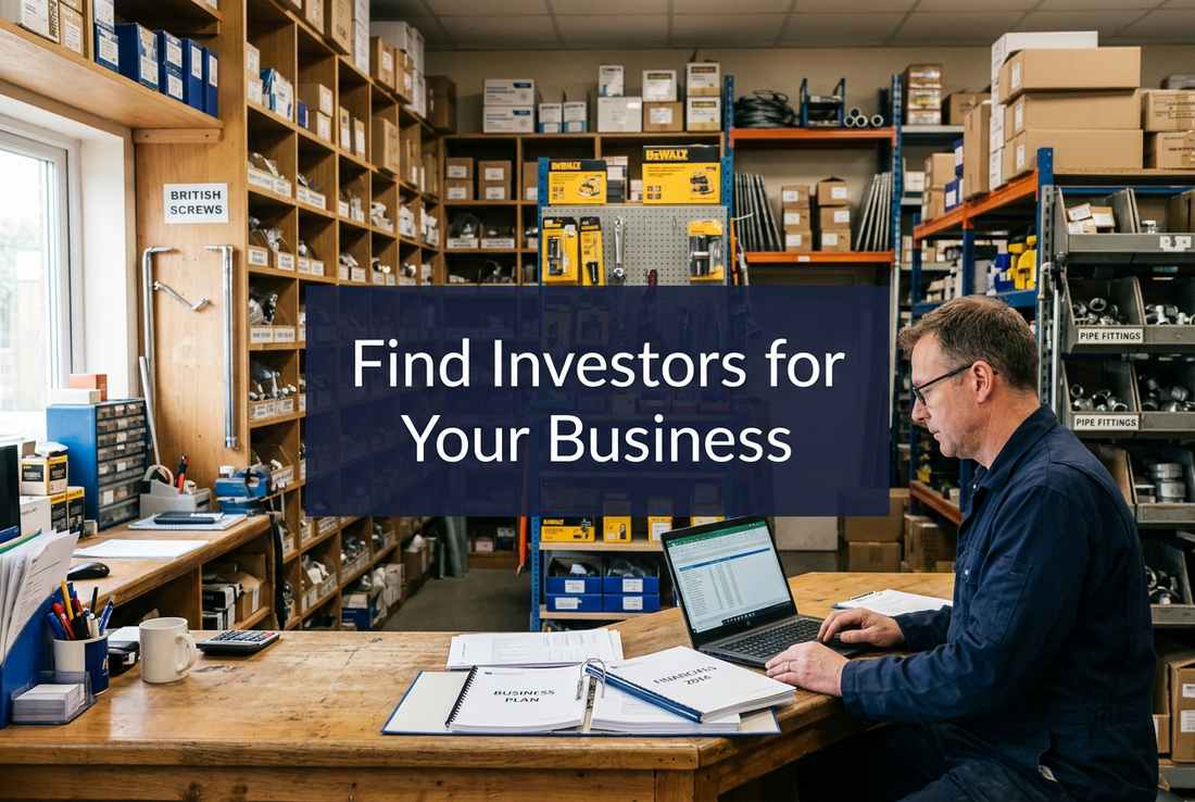 Hardware business owner reviewing a laptop and business plans at a stockroom counter, with the title ‘Find Investors for Your Business’.