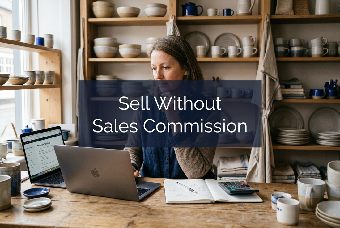 Homewares shop owner reviewing a laptop beside a notebook and calculator, with the title ‘Sell Without Sales Commission’.