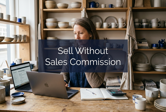 Homewares shop owner reviewing a laptop beside a notebook and calculator, with the title ‘Sell Without Sales Commission’.