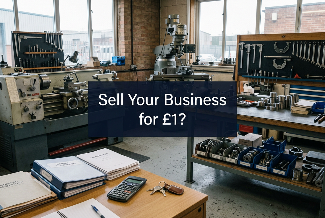 Metalworking workshop with machinery, business folders, a calculator and keys, overlaid with the title ‘Sell Your Business for £1?