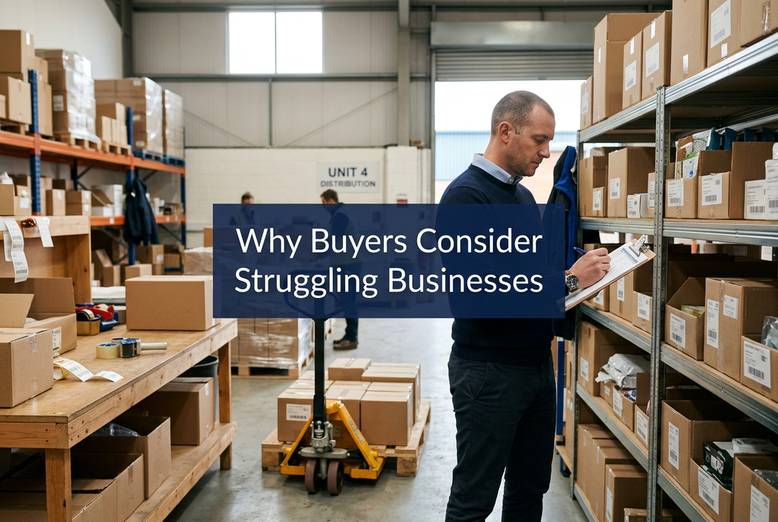 Man reviewing an inventory clipboard beside warehouse stock shelves, with the title ‘Why Buyers Consider Struggling Businesses’.