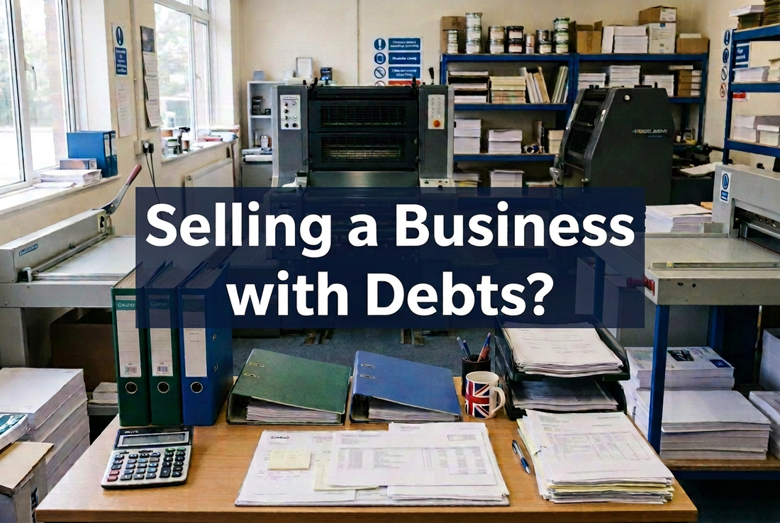 Printing workshop with financial folders, paperwork and a calculator, overlaid with the title ‘Selling a Business with Debts?