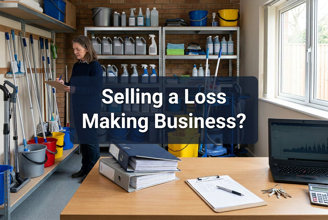Cleaning business owner checking equipment with a clipboard, with document folders, keys and a laptop on a desk in the foreground.