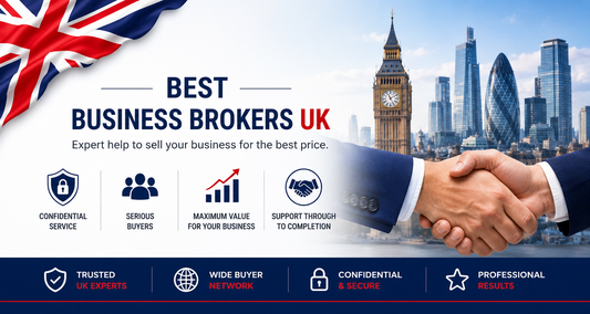 Best business brokers UK banner with London skyline, business handshake and professional support for selling a business.