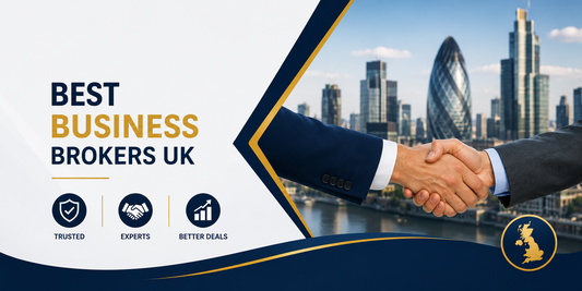 Best business brokers UK banner showing a professional handshake with London business skyline, promoting trusted experts and better business sale deals.