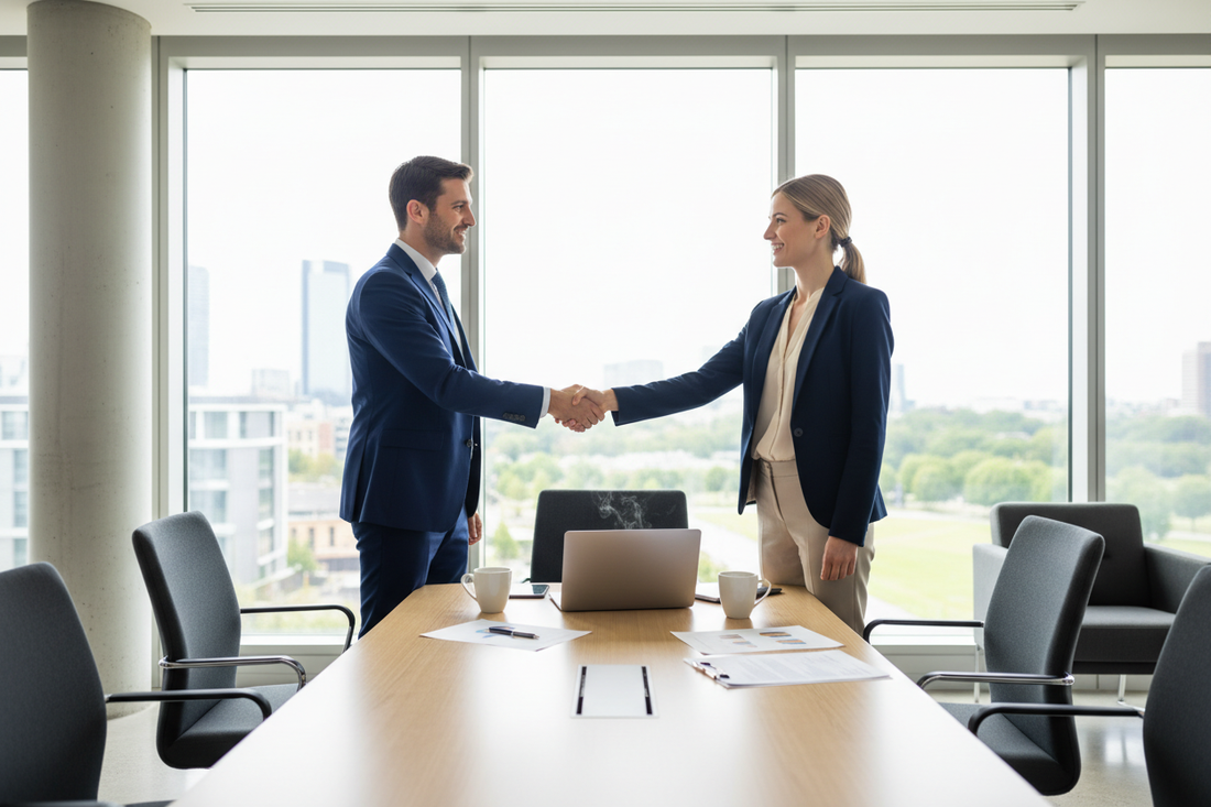 Two business professionals shaking hands in a bright modern UK office, representing choosing the best business broker to sell your business