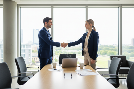 Two business professionals shaking hands in a bright modern UK office, representing choosing the best business broker to sell your business