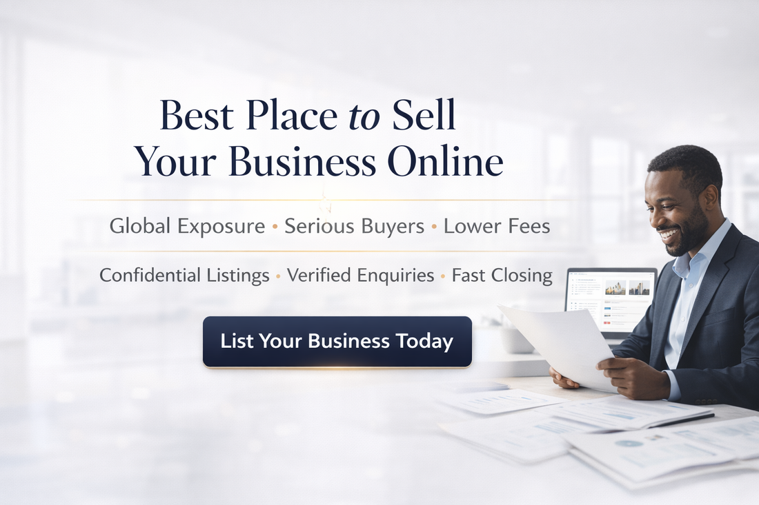 Premium white luxury banner for Best Place to Sell Your Business Online featuring professional entrepreneur reviewing documents with headline, global exposure benefits and “List Your Business Today” call-to-action.