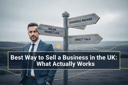 UK business owner standing at a crossroads with signposts pointing to different business sale routes, illustrating the best way to sell a business in the UK