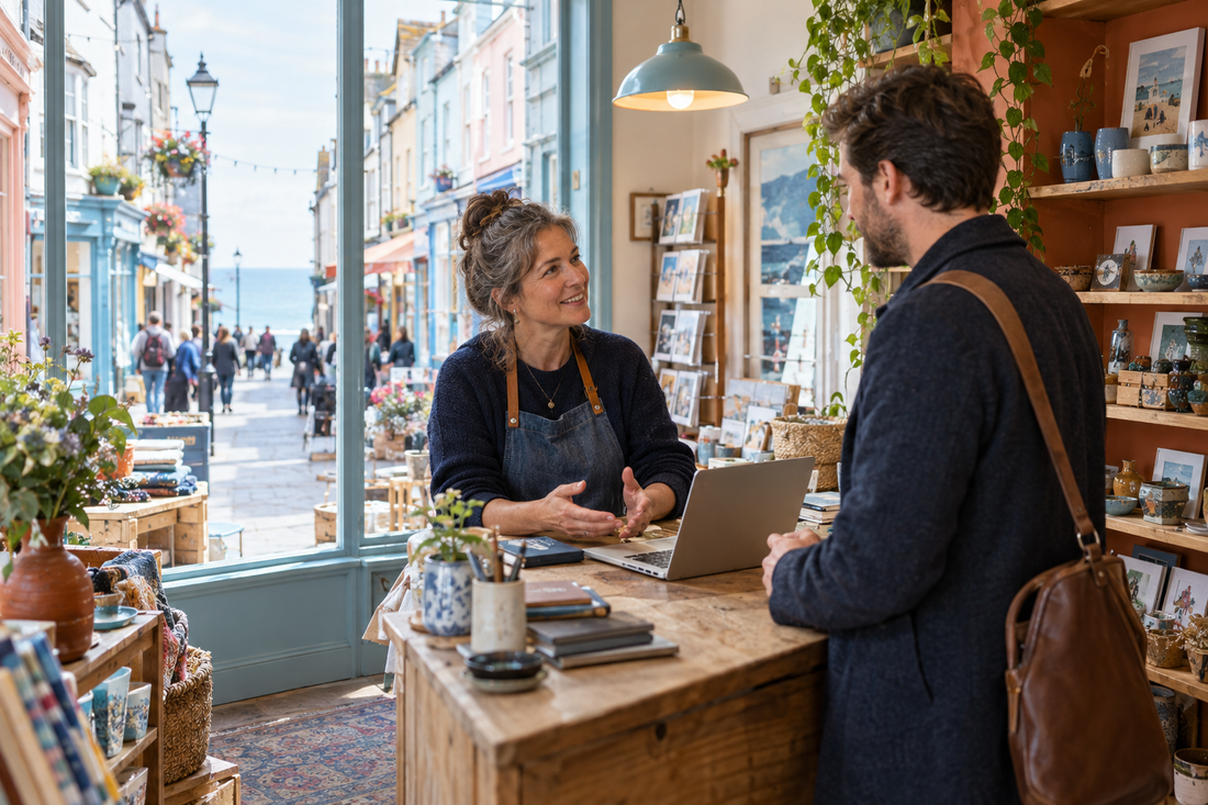 Brighton shop owner discussing a business sale with a prospective buyer inside an independent local shop.