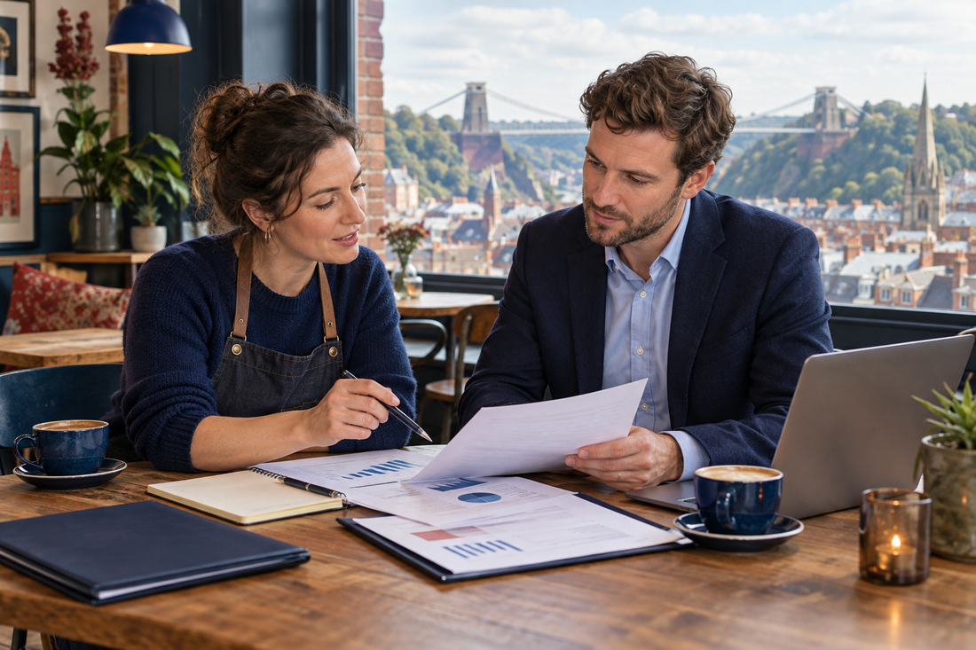 Bristol business owner and prospective buyer reviewing sale documents, with the Clifton Suspension Bridge in the background
