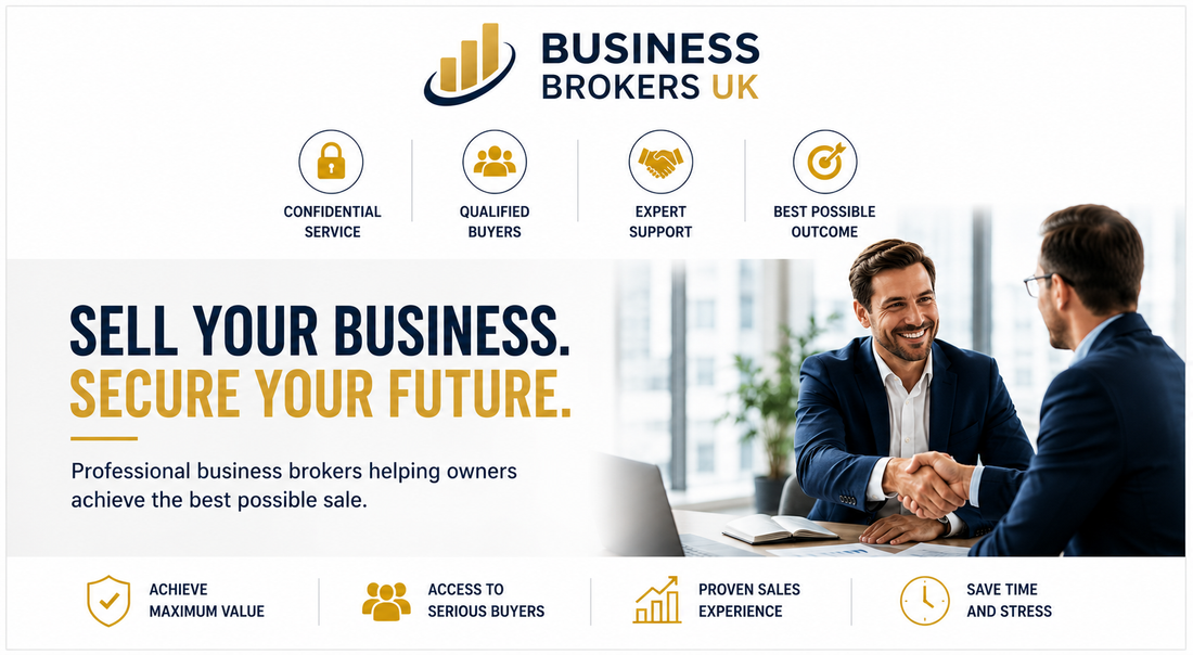 Business brokers UK banner showing professional business meeting and handshake for selling a business with confidential support.