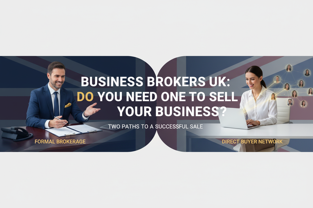 UK business owner comparing selling through a business broker versus listing directly on a marketplace, illustrating the choice between business brokers and no-commission business sale services