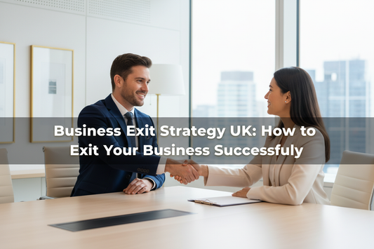 UK business owner shaking hands with a buyer in a modern boardroom, representing a complete guide to business exit strategy in the UK