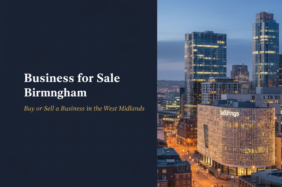 Birmingham city skyline at dusk with modern glass buildings and city lights, with text reading Business for Sale Birmingham, Buy or Sell a Business in the West Midlands