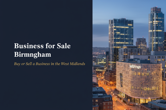 Birmingham city skyline at dusk with modern glass buildings and city lights, with text reading Business for Sale Birmingham, Buy or Sell a Business in the West Midlands