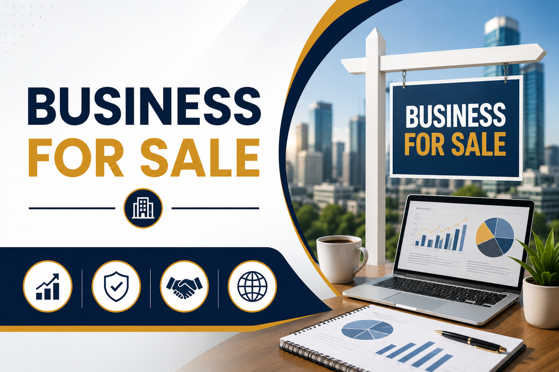 Business for sale banner showing a professional business listing, office desk and growth charts for buying and selling businesses online.