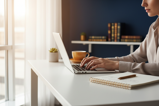 Professional writer working on a laptop in a bright modern office contributing a guest post to a business website