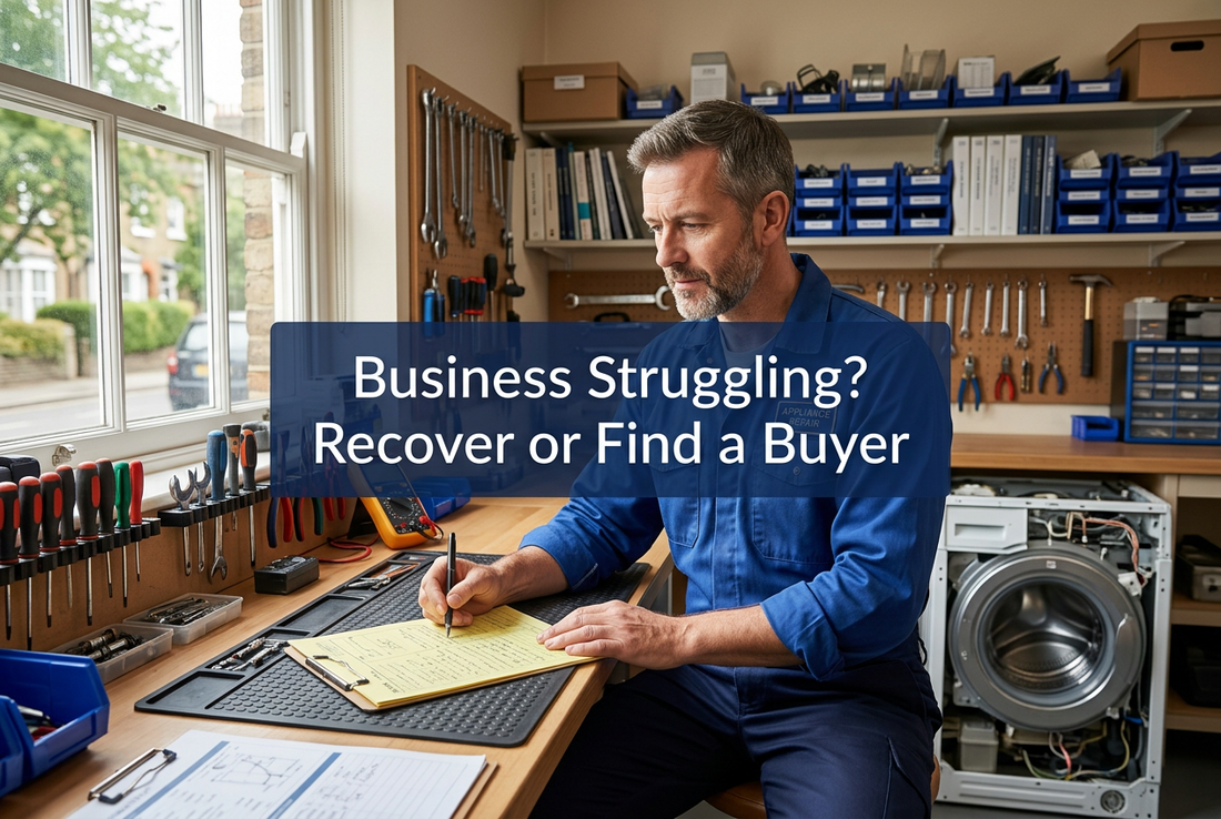 Repair business owner reviewing a job sheet beside a washing machine, with the title ‘Business Struggling? Recover or Find a Buyer’.