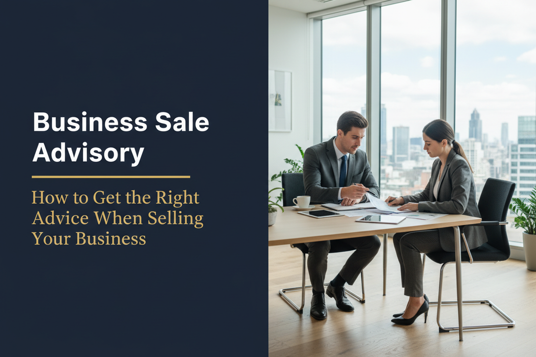 Professional business adviser and business owner reviewing sale documents together in a modern office, with text reading Business Sale Advisory, How to Get the Right Advice When Selling Your Business