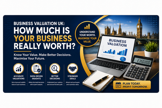 Professional business valuation UK banner featuring financial analysis, laptop charts, calculator and London skyline with text about understanding your business worth and maximising value.