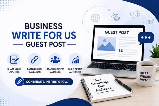 Business guest post write for us banner with laptop, content icons and backlink marketing message