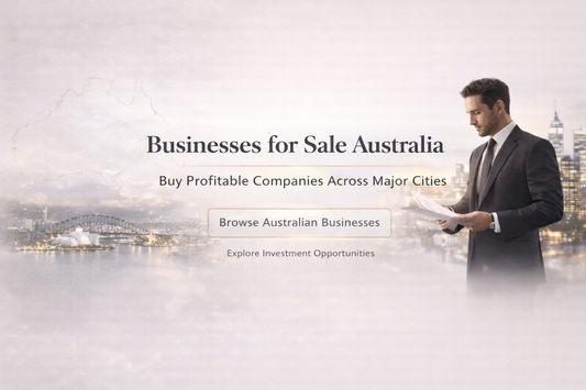 Premium grey Businesses for Sale Australia banner with bold centered headline, Sydney skyline background and professional executive reviewing documents.