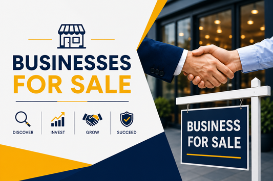 Businesses for sale banner with handshake, business storefront and for sale sign for buyers looking to discover, invest and grow.
