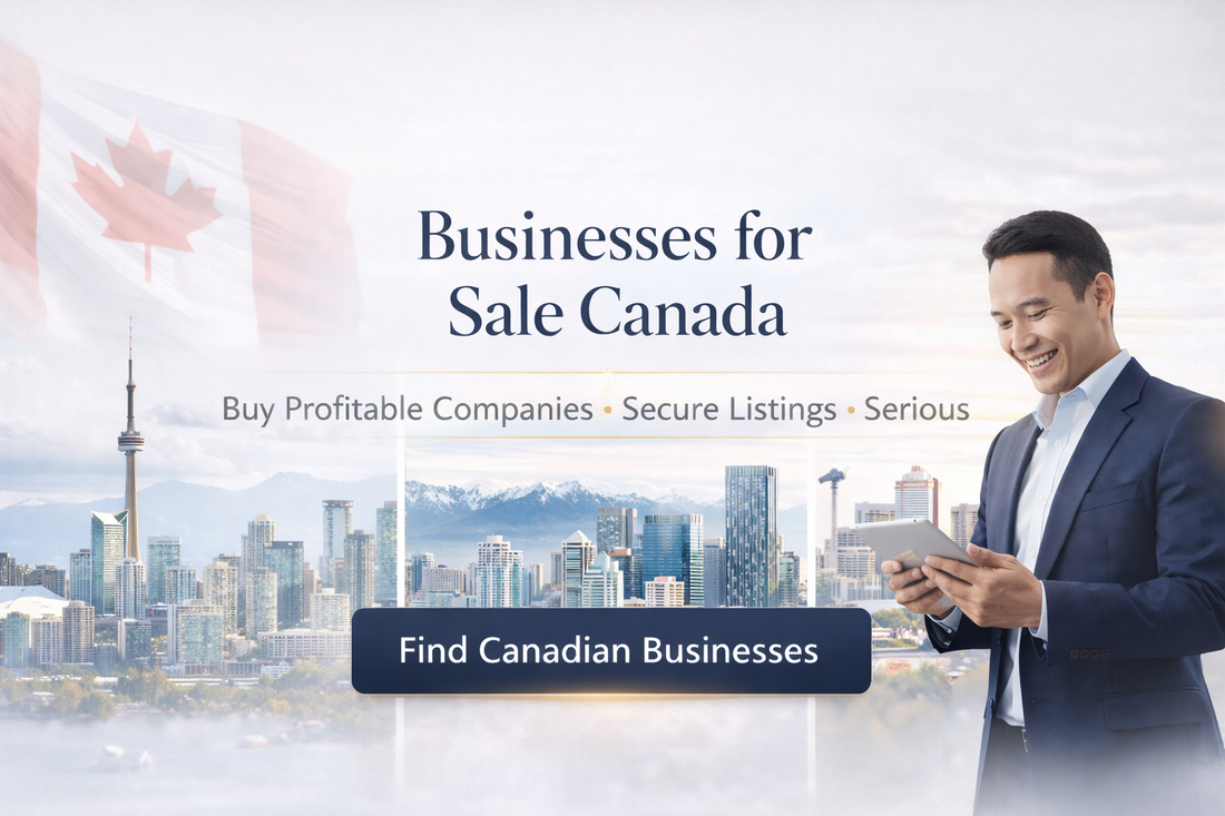 Premium Businesses for Sale Canada banner featuring Toronto skyline, Canadian flag and professional entrepreneur with centered headline and “Find Canadian Businesses” call-to-action.