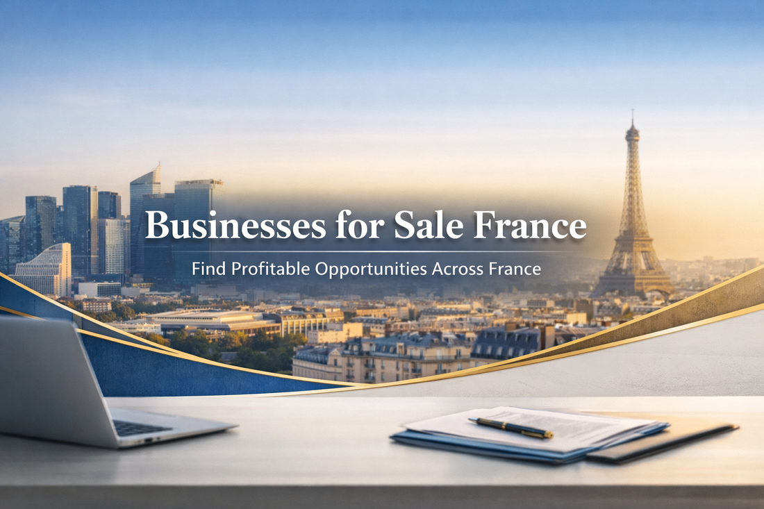 Businesses for Sale France banner featuring Paris skyline with Eiffel Tower and modern business district, with centered professional text