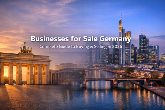 Businesses for sale Germany banner with Berlin Brandenburg Gate and Frankfurt skyline showing buying and selling guide