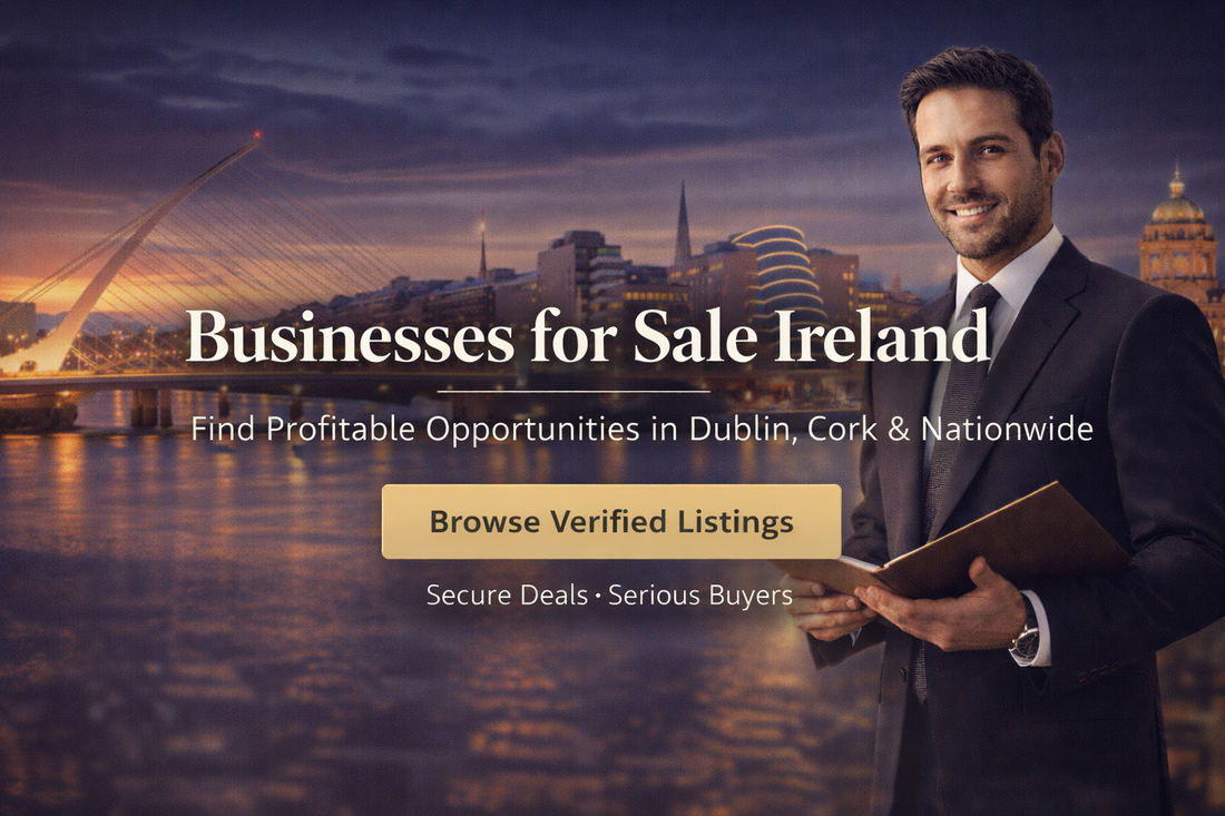 Premium Businesses for Sale Ireland banner with centered headline, Dublin skyline at sunset and professional executive holding documents with call-to-action button.