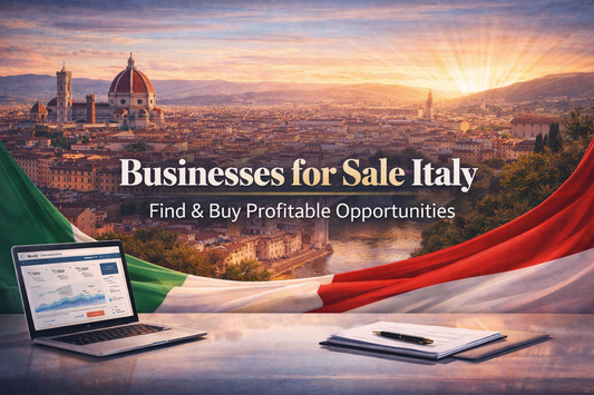 Businesses for Sale Italy banner featuring Italian cityscape with historic architecture and modern business elements, with centered professional text